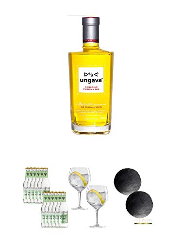 Ungava Canadian Premium Gin 0,7 Liter + Fever Tree Elderflower Tonic Water 12 x 0,2 Liter + Spiegelau Gin & Tonic 4390179 2 Gläser + Schiefer Glasuntersetzer RUND ca. 2 x 9,5 cm Durchmesser von Diverse