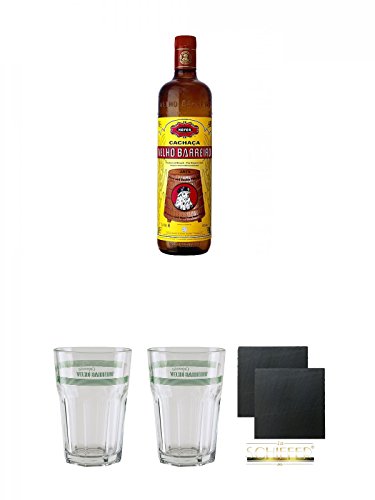 Velho Barreiro Silver Cachaca Originalabfüllung 1,0 Liter + Velho Barreiro Caipirinha Glas 1 Stück + Velho Barreiro Caipirinha Glas 1 Stück + Schiefer Glasuntersetzer eckig ca. 9,5 cm Ø 2 Stück von Unbekannt