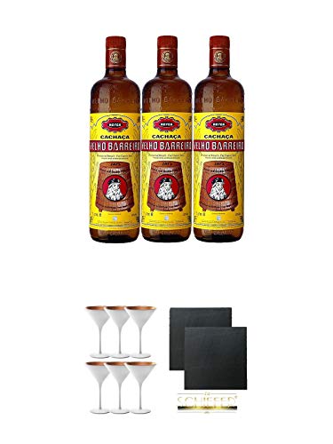 Velho Barreiro Silver Cachaca Originalabfüllung 3 x 1,0 Liter + Stölzle Cocktail-und Martiniglas Olympic Serie 6 Gläser - 1408825 + Schiefer Glasuntersetzer eckig ca. 9,5 cm Ø 2 Stück von Unbekannt