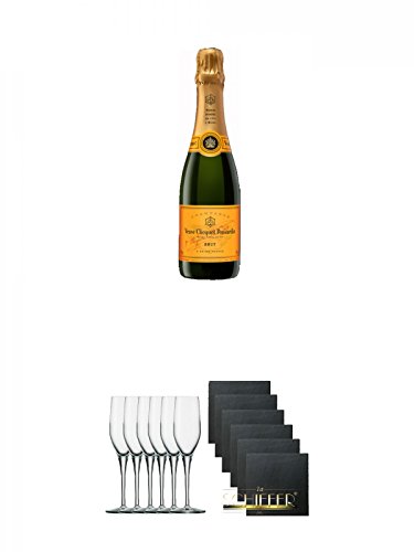 Veuve Clicquot Brut Champagner 0,375 Liter + Stölzle Exquisit Sektkelch 6er Pack + Schiefer Glasuntersetzer eckig 6 x ca. 9,5 cm Durchmesser von Unbekannt