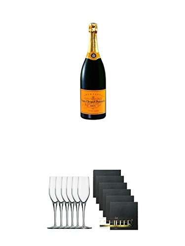 Veuve Clicquot Brut Champagner Frankreich 0,75 Liter + Stölzle Exquisit Sektkelch 6er Pack + Schiefer Glasuntersetzer eckig 6 x ca. 9,5 cm Durchmesser von Unbekannt