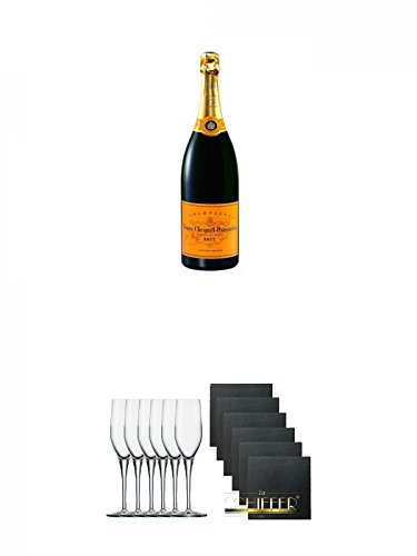 Veuve Clicquot Brut Champagner Frankreich 0,75 Liter + Stölzle Exquisit Sektkelch 6er Pack + Schiefer Glasuntersetzer eckig 6 x ca. 9,5 cm Durchmesser Veuve Clicquot Brut Champagner Frankreich 0,75 Liter + Stölzle Exquisit Sektkelch 6er Pack + Schiefer Glasuntersetzer eckig 6 x ca. 9,5 cm Durchmesser von Unbekannt