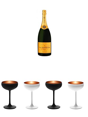 Veuve Clicquot Brut Champagner Magnum 1,5 Liter + Sektschale Stölzle 1 Glas - Olympic Serie matt-schwarz BRONZE 2739408 + Sektschale Stölzle 1 Glas - Olympic Serie matt-weiß BRONZE 273/88/08 + Sektschale Stölzle 1 Glas - Olympic Serie matt-schwarz BRONZE von Unbekannt