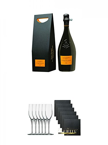 Veuve Clicquot La Grande Dame Champagner in GP 0,75 Liter + Stölzle Exquisit Sektkelch 6er Pack + Schiefer Glasuntersetzer eckig 6 x ca. 9,5 cm Durchmesser von Unbekannt