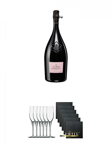 Veuve Clicquot La Grande Dame Rose Champagner in GP 0,75 Liter + Stölzle Exquisit Sektkelch 6er Pack + Schiefer Glasuntersetzer eckig 6 x ca. 9,5 cm Durchmesser von Unbekannt