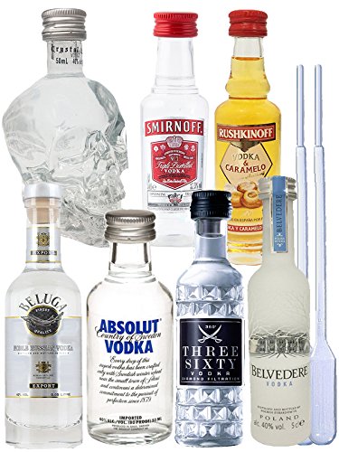 Vodka Probierset jew. 1 x 5cl Beluga Noble, 5cl Belvedere Polen, 2cl Rushkinoff Vodka & Caramel, 5cl Crystal Head, 5cl Smirnoff4cl Three Sixty, 5cl Absolut Blue + 2 Einwegpipetten von Unbekannt