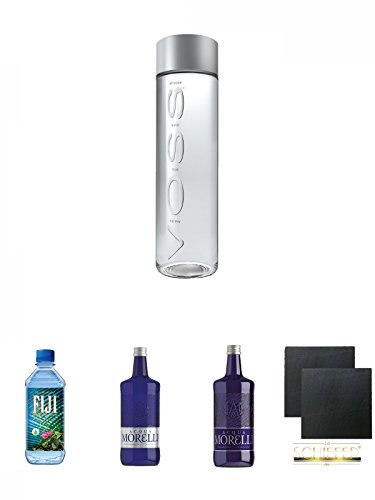 Voss Artesian Gletscher Wasser STILL in PET 0,85 Liter + Fiji Wasser von den Fiji-Inseln 0,5 Liter + Morelli Naturale 0,75 Liter + Morelli Sparkling Frizzante 0,75 Liter + Schiefer Glasuntersetzer eckig ca. 9,5 cm Ø 2 Stück von Unbekannt