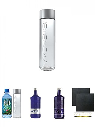 Voss Artesian Gletscher Wasser STILL in PET 0,85 Liter + Voss & Fiji Mineralwasser 2er Probierset + Morelli Naturale 0,75 Liter + Morelli Sparkling Frizzante 0,75 Liter + Schiefer Glasuntersetzer eckig ca. 9,5 cm Ø 2 Stück von Unbekannt