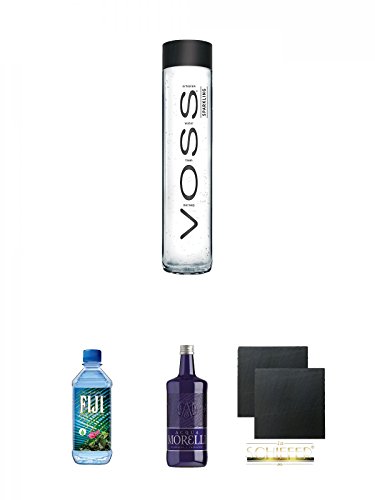 Voss Artesian SPARKLING Gletscher Wasser in Glasflasche 0,8 Liter + Fiji Wasser von den Fiji-Inseln 0,5 Liter + Morelli Sparkling Frizzante 0,75 Liter + Schiefer Glasuntersetzer eckig ca. 9,5 cm Ø 2 Stück von Unbekannt