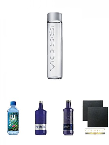 Voss Artesian STILL Gletscher Wasser in Glasflasche 0,8 Liter + Fiji Wasser von den Fiji-Inseln 1 x 1,0 Liter + Morelli Naturale 0,75 Liter + Morelli Sparkling Frizzante 0,25 Liter + Schiefer Glasuntersetzer eckig ca. 9,5 cm Ø 2 Stück von Unbekannt