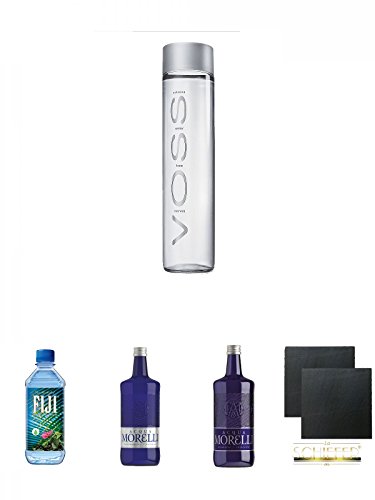 Voss Artesian STILL Gletscher Wasser in Glasflasche 0,8 Liter + Fiji Wasser von den Fiji-Inseln 1 x 1,0 Liter + Morelli Naturale 0,75 Liter + Morelli Sparkling Frizzante 0,75 Liter + Schiefer Glasuntersetzer eckig ca. 9,5 cm Ø 2 Stück von Unbekannt