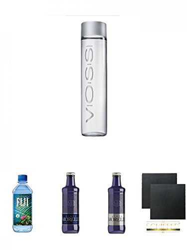 Voss Artesian STILL Gletscher Wasser in Glasflasche 0,8 Liter + Fiji Wasser von den Fiji-Inseln 1 x 1,0 Liter + Morelli Sparkling Frizzante 0,25 Liter + Morelli Sparkling Naturale 0,25 Liter + Schiefer Glasuntersetzer eckig ca. 9,5 cm Ø 2 Stück von Unbekannt