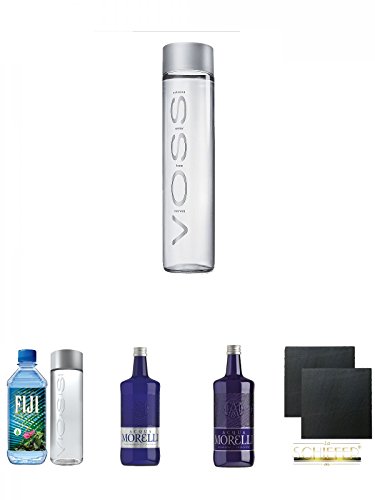 Voss Artesian STILL Gletscher Wasser in Glasflasche 0,8 Liter + Voss & Fiji Mineralwasser 2er Probierset + Morelli Naturale 0,75 Liter + Morelli Sparkling Frizzante 0,75 Liter + Schiefer Glasuntersetzer eckig ca. 9,5 cm Ø 2 Stück von Unbekannt