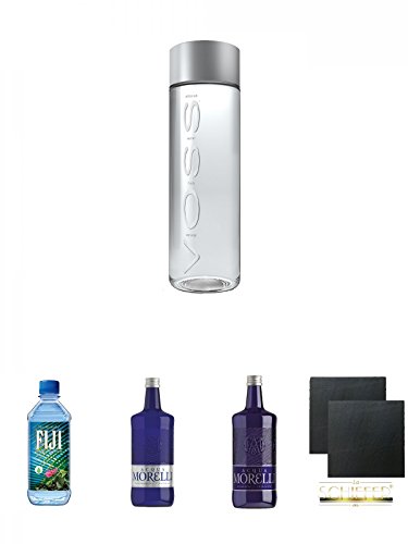 Voss Artesian STILL Gletscher Wasser in Glasflasche 1 x 0,375 Liter + Fiji Wasser von den Fiji-Inseln 1 x 1,0 Liter + Morelli Naturale 0,75 Liter + Morelli Sparkling Frizzante 0,75 Liter + Schiefer Glasuntersetzer eckig ca. 9,5 cm Ø 2 Stück von Unbekannt