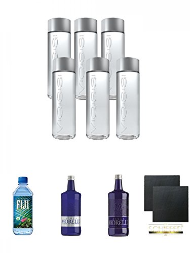 Voss Artesian STILL Gletscher Wasser in Glasflasche 6 x 0,8 Liter + Fiji Wasser von den Fiji-Inseln 1 x 1,0 Liter + Morelli Naturale 0,75 Liter + Morelli Sparkling Frizzante 0,75 Liter + Schiefer Glasuntersetzer eckig ca. 9,5 cm Ø 2 Stück von Unbekannt