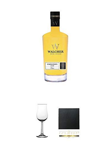 Walcher Bombardino Ei Rum-Likör 17% 0,7 Liter + Nosing Gläser Kelchglas Bugatti mit Eichstrich 2cl und 4cl 1 Stück + Schiefer Glasuntersetzer eckig ca. 9,5 cm Durchmesser von Unbekannt