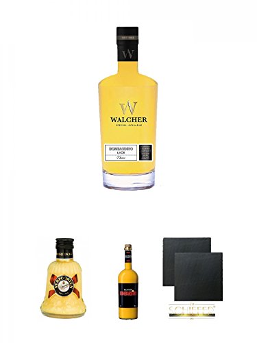 Walcher Bombardino Ei Rum-Likör 17% 0,7 Liter + Verpoorten Original Eierlikör Glockenflasche 0,2 Liter + Roner Bombardino Ei-Rum Likör Italien 1,0 Liter + Schiefer Glasuntersetzer eckig ca. 9,5 cm Ø 2 Stück von Unbekannt