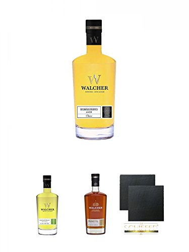 Walcher Bombardino Ei Rum-Likör 17% 0,7 Liter + Walcher Bio-Limoncello Edelbrand 25% Südtirol 0,7 Liter + Walcher Noisetto 21% Südtirol 0,7 Liter + Schiefer Glasuntersetzer eckig ca. 9,5 cm Ø 2 Stück von Unbekannt