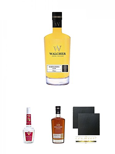 Walcher Bombardino Ei Rum-Likör 17% 0,7 Liter + Walcher Bio Waldhimbeergeist Edelgeist 40% Südtirol 0,7 Liter + Walcher Noisetto 21% Südtirol 0,7 Liter + Schiefer Glasuntersetzer eckig ca. 9,5 cm Ø 2 Stück von Unbekannt