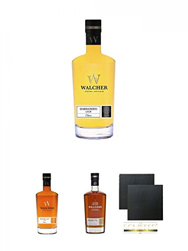 Walcher Bombardino Ei Rum-Likör 17% 0,7 Liter + Walcher Marillenlikör Bio 28% 0,7 Liter + Walcher Noisetto 21% Südtirol 0,7 Liter + Schiefer Glasuntersetzer eckig ca. 9,5 cm Ø 2 Stück von Unbekannt