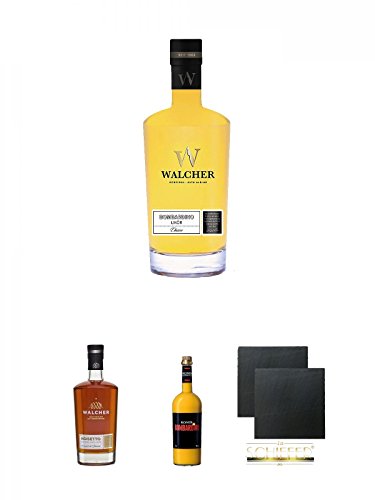 Walcher Bombardino Ei Rum-Likör 17% 0,7 Liter + Walcher Noisetto 21% Südtirol 0,7 Liter + Roner Bombardino Ei-Rum Likör Italien 1,0 Liter + Schiefer Glasuntersetzer eckig ca. 9,5 cm Ø 2 Stück von Unbekannt