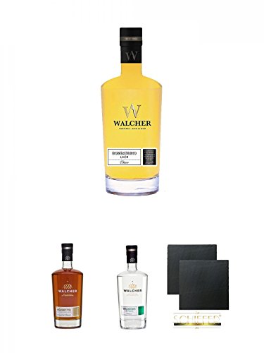 Walcher Bombardino Ei Rum-Likör 17% 0,7 Liter + Walcher Noisetto 21% Südtirol 0,7 Liter + Walcher Williams Christ Birne Edelbrand 40% Südtirol 0,7 Liter + Schiefer Glasuntersetzer eckig ca. 9,5 cm Ø 2 Stück von Unbekannt