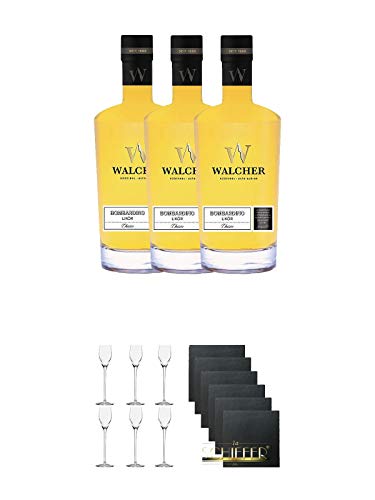 Walcher Bombardino Ei Rum-Likör 17% 3 x 0,7 Liter + Edelbrandglas Stölzle 6 Gläser - Quadrophil 231/30 + Schiefer Glasuntersetzer eckig 6 x ca. 9,5 cm Durchmesser von Unbekannt