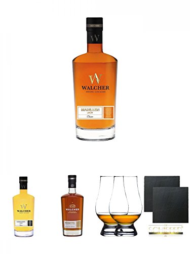 Walcher Marillenlikör Bio 28% 0,7 Liter + Walcher Bombardino Ei Rum-Likör 17% 0,7 Liter + Walcher Noisetto 21% Südtirol 0,7 Liter + The Glencairn Glas Stölzle 2 Stück + Schiefer Glasuntersetzer eckig ca. 9,5 cm Ø 2 Stück von Unbekannt