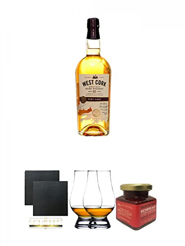 West Cork 12 Jahre PORT CASK Irish Whiskey 0,7 Liter + Schiefer Glasuntersetzer eckig ca. 9,5 cm Ø 2 Stück + The Glencairn Glass Whisky Glas Stölzle 2 Stück + Redbreast 12 Jahre Himbeere Marmelade 150 Gramm Glas von Unbekannt