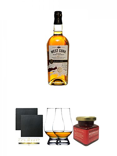 West Cork Irish Whiskey BLACK CASK FINISH 40 % 0,7 Liter + Schiefer Glasuntersetzer eckig ca. 9,5 cm Ø 2 Stück + The Glencairn Glass Whisky Glas Stölzle 2 Stück + Redbreast 12 Jahre Himbeere Marmelade 150 Gramm Glas von Unbekannt