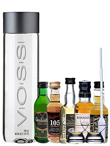 Whisky Probierset Edradour 10 5cl, Glencadam 15 5cl, Glenfarclas 105 5cl, Glenfiddich 12 5cl, Jack Daniels Black 5cl + 500ml Voss Wasser Still, 2 Glencairn Gläser und eine Einwegpipette von Unbekannt