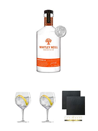 Whitley Neill Gin ORANGE 0,7 Liter + Spiegelau Gin & Tonic Glas 4390179 + Spiegelau Gin & Tonic Glas 4390179 + Schiefer Glasuntersetzer eckig ca. 9,5 cm Ø 2 Stück von Unbekannt