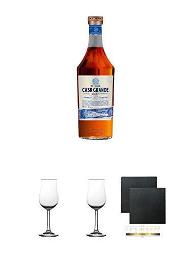 Wilthener - Cask Grande - Brandy XO 40% 0,7 Liter + 2 Bugatti Nosing Gläser mit Eichstrich 2cl und 4cl + 2 Schiefer Glasuntersetzer eckig ca. 9,5 cm Ø von Unbekannt