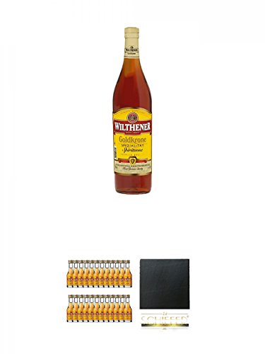 Wilthener Goldkrone Weinbrand 3,0 Liter Magnum + Wilthener Goldkrone (28% Vol) 24 x 0,02 Liter + Schiefer Glasuntersetzer eckig ca. 9,5 cm Durchmesser von Unbekannt