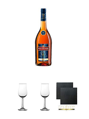 Wilthener XO Nr.1 Weinbrand 0,7 Liter + 2 Bugatti Nosing Gläser mit Eichstrich 2cl und 4cl + 2 Schiefer Glasuntersetzer eckig ca. 9,5 cm Ø von Diverse