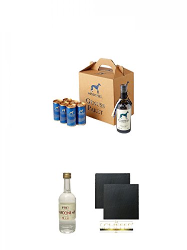 Windspiel Gin & Tonic Genusspaket 1 Stück (6 Dosen) + Poli Marconi 46 Gin 0,05 Liter Mini + Schiefer Glasuntersetzer eckig ca. 9,5 cm Ø 2 Stück von Diverse