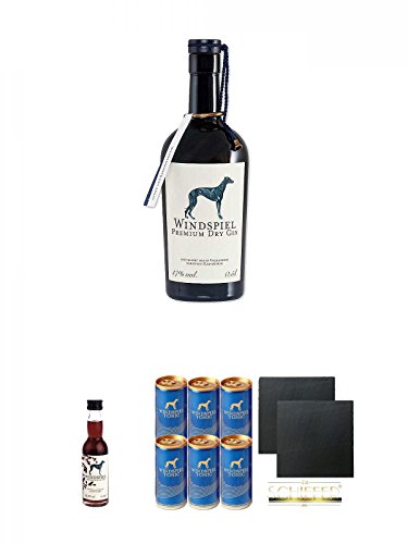 Windspiel Premium Dry Gin Deutschland 0,5 Liter + Windspiel - Sloe 33,3% - Gin Deutschland Miniatur 0,04 Liter + Windspiel Tonic Water 0,2l Dose 6 Stück + Schiefer Glasuntersetzer eckig ca. 9,5 cm Ø 2 Stück von Unbekannt