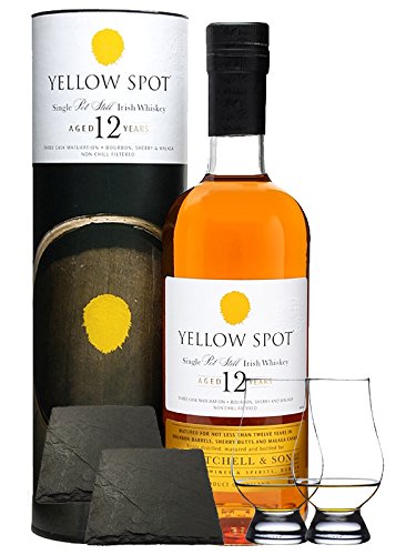 Yellow Spot 12 Jahre Single Pure Pot Still 0,7 Liter + 2 Glencairn Gläser + 2 Schiefer Glasuntersetzer 9,5 cm von Unbekannt