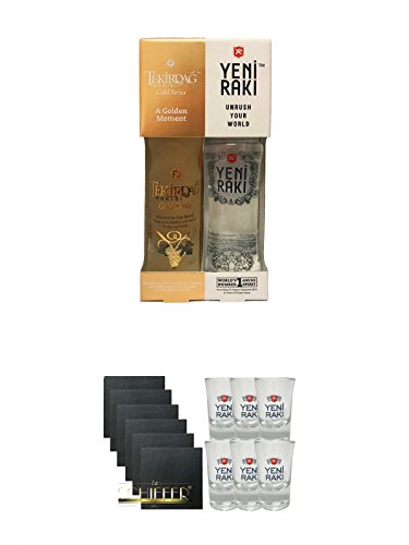 Yeni Raki 0,35 Liter + Tekirdag Raki Gold Türkei 0,35 Liter in Geschenkverpackung + Schiefer Glasuntersetzer eckig 6 x ca. 9,5 cm Durchmesser + Yeni Raki Shot Gläser 6er Set mit Eichstrich von Unbekannt