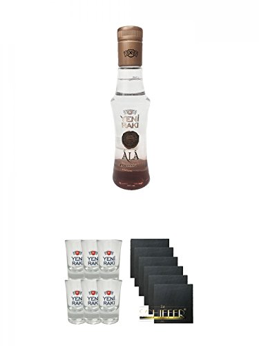 Yeni Raki ALA 0,35 Liter + Yeni Raki Shot Gläser 6er Set mit Eichstrich + Schiefer Glasuntersetzer eckig 6 x ca. 9,5 cm Durchmesser Yeni Raki ALA 0,35 Liter + Yeni Raki Shot Gläser 6er Set mit Eichstrich + Schiefer Glasuntersetzer eckig 6 x ca. 9,5 cm Durchmesser von Unbekannt