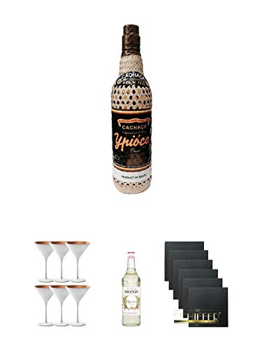 Ypioca Ouro Gold Bastflasche 0,7 Liter + Stölzle Cocktail-und Martiniglas Olympic Serie 6 Gläser - 1408825 + Monin Rohrzucker pur Sirup 0,7 Liter + Schiefer Glasuntersetzer eckig 6 x ca. 9,5 cm Durchmesser von Unbekannt