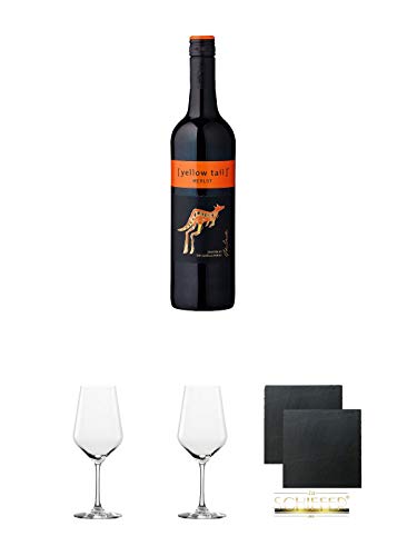 [yellow tail] Merlot 0,75 Liter + Rotweinglas Stölzle - 3770001 + Rotweinglas Stölzle - 3770001 + Schiefer Glasuntersetzer eckig ca. 9,5 cm Ø 2 Stück von Unbekannt