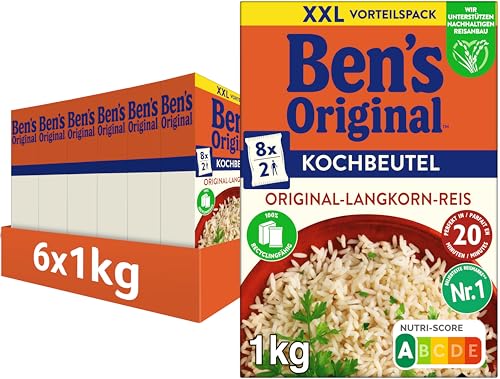 BEN’S ORIGINAL Ben's Original Original-Langkorn-Reis, 20-Minuten Kochbeutel, 6 Packungen (6 x 1kg) von BEN’S ORIGINAL