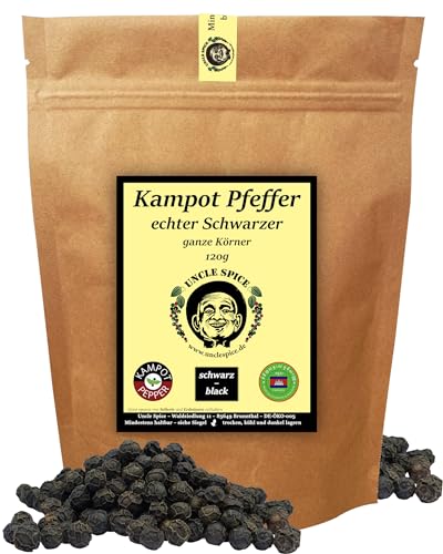 UNCLE SPICE® Schwarzer Kampot Pfeffer - 120g Kampot Pfeffer schwarz - Premiumqualität - ganze sonnengetrocknete Pfefferbeeren, Pfefferkörner ganz, handverlesen für die Mühle von Uncle Spice