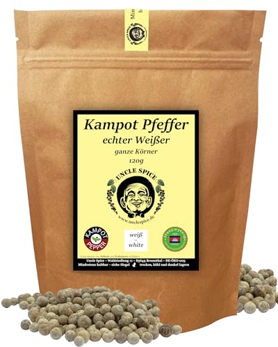 UNCLE SPICE® weißer Kampot Pfeffer - 120g Kampot Pfeffer weiß - Premiumqualität - ganze sonnengetrocknete Pfefferbeeren, weiße Pfefferkörner ganz, handverlesen für die Mühle von Uncle Spice