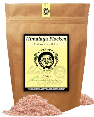 UNCLE SPICE® rosa Himalaya Salzflocken, 110g pink Himalayasalz aus Pakistan, Steinsalz, Kristall-Salzflocken reich an Mineralien, feines Salz ideal für Steaks, pink salt, Geschenkidee von Uncle Spice