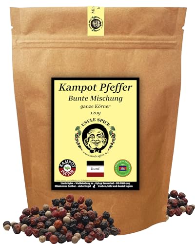 UNCLE SPICE® bunter Kampot Pfeffer-120g Kampot Pfeffer bunt - Premiumqualität - ganze sonnengetrocknete Pfefferbeeren, rote, weiße, schwarze Pfefferkörner ganz, handverlesen für die Mühle von Uncle Spice