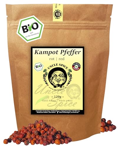 UNCLE SPICE® Roter Kampot Pfeffer - 120g echter Kampot Pfeffer rot - Premiumqualität - ganze sonnengetrocknete Pfefferbeeren, mit Liebe handverlesen aus Kambodscha, echter roter Pfeffer von Uncle Spice