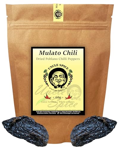 UNCLE SPICE® Mulato Chilischoten - 60g ganze, getrocknete Poblano Chili in Premiumqualität - rauchig, süßliches, mild-scharfes Chiliaroma – Mulato Chili für authentisch mexikanische Würze von Uncle Spice