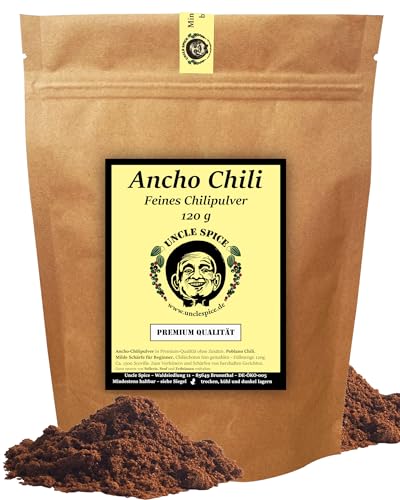 UNCLE SPICE® ANCHO Chilipulver 120g - Ancho Chilischoten fein gemahlen - Poblano Chili - mild fruchtig-herbes Chili-Pulver in PREMIUM-QUALITÄT - 1500 Scoville - leicht SCHARF von Uncle Spice